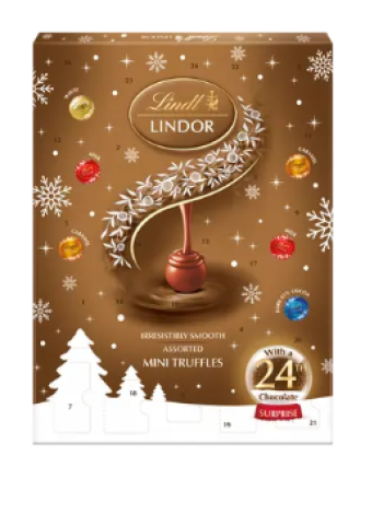 Рождественский календарь Lindt LINDOR 117 г ассорти из молочного, темного и белого шоколада с мягкой начинкой 