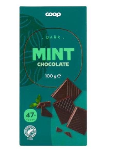 Шоколад темный плиточный со вкусом мяты Coop tumma suklaa 47 % 100г